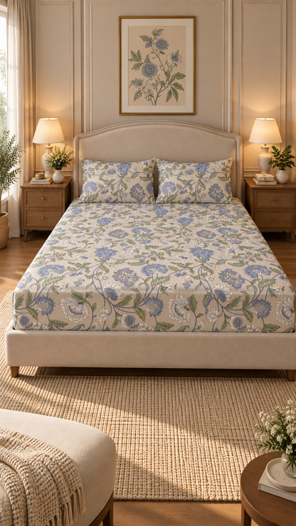 Floral print with 2 pillow cover blue 100x100"