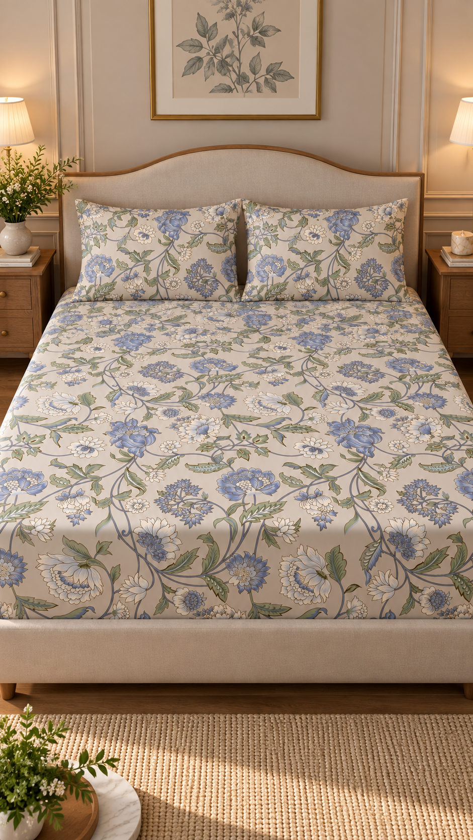 Floral print with 2 pillow cover blue 100x100"