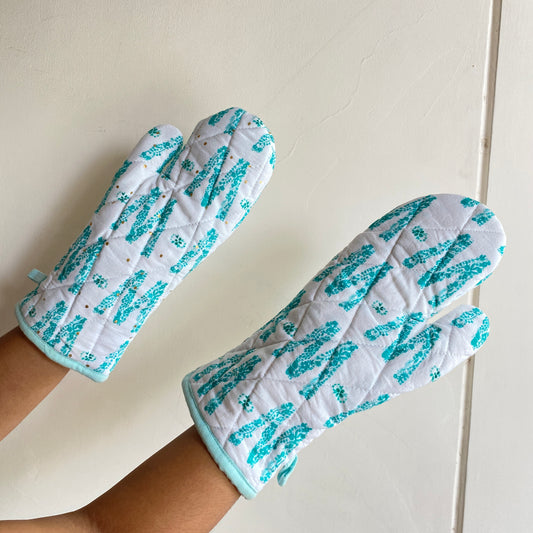 M Is for Mittens – Quilted Cotton Oven Gloves in Mint & White (Set of 2)