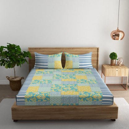 Floral patchwork cotton king bedsheet with pillow covers