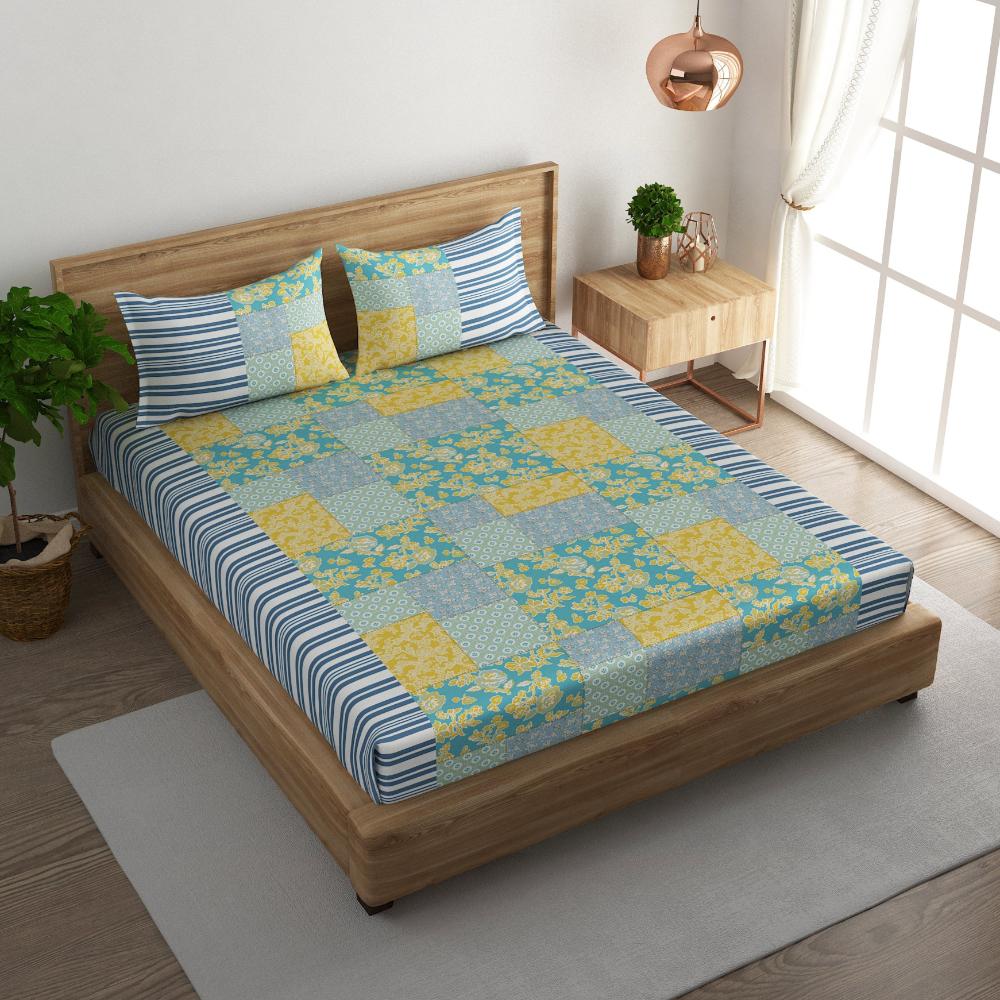 Floral patchwork cotton king bedsheet with pillow covers