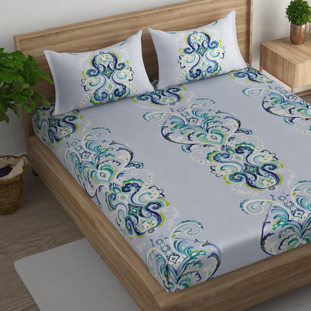 Paisley damask cotton king bedsheet with pillow covers