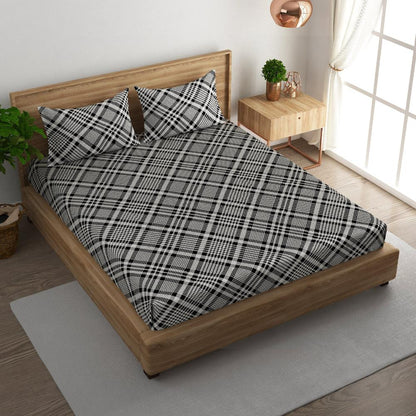 Tartan check and stripe cotton super king bedsheet with pillow covers
