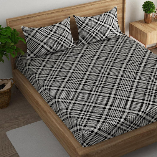 Tartan check and stripe cotton super king bedsheet with pillow covers