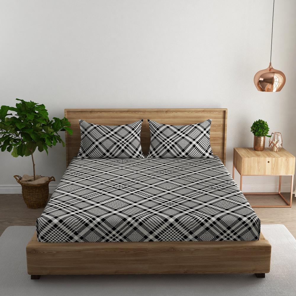 Tartan check and stripe cotton super king bedsheet with pillow covers