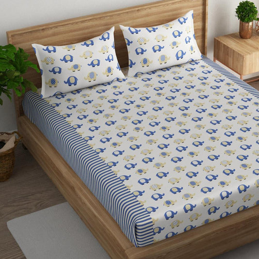 Playful elephant cotton king bedsheet with pillow covers