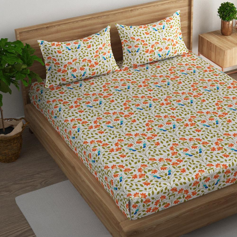 Bird and floral cotton super king bedsheet with pillow covers Morning