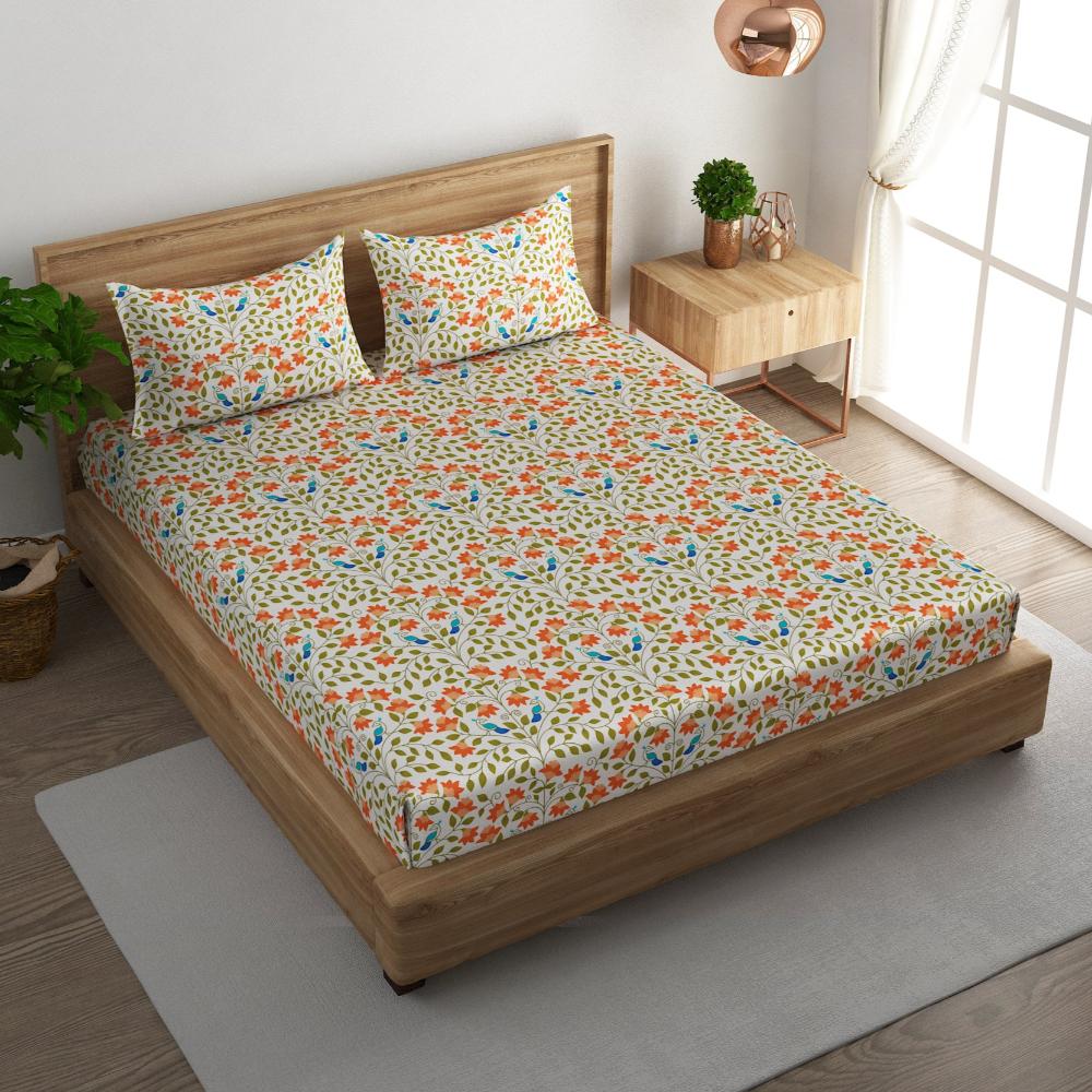 Bird and floral cotton super king bedsheet with pillow covers