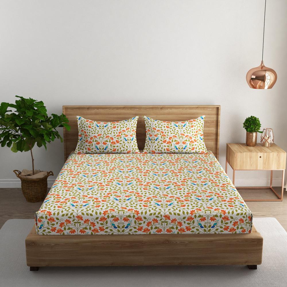 Bird and floral cotton super king bedsheet with pillow covers