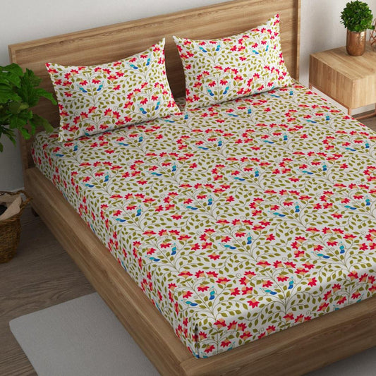 Bird and floral cotton super king bedsheet with pillow covers