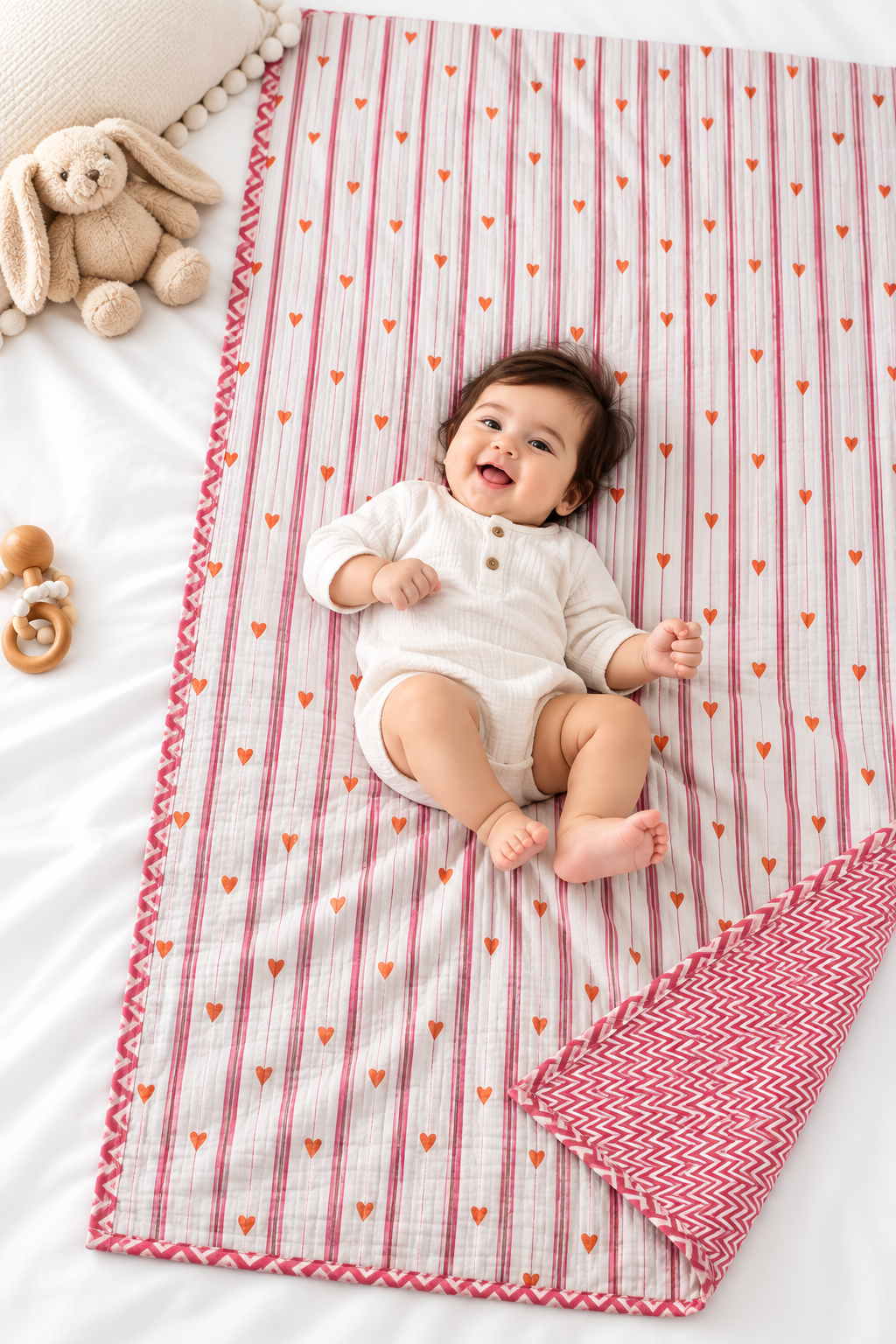 Stripe heart baby quilt pink 40x60"